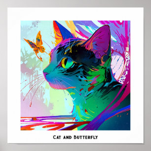 Colourful Pop Art Editable Cat and butterfly Poster