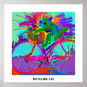 Colourful Pop Art Editable Comical Cat on Bicycle Poster