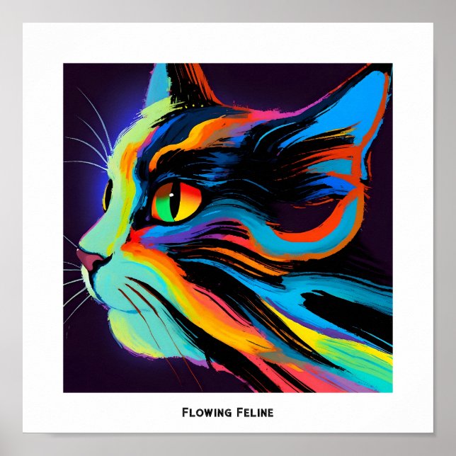 Colourful Pop Art Flowing Feline Cat Poster (Front)