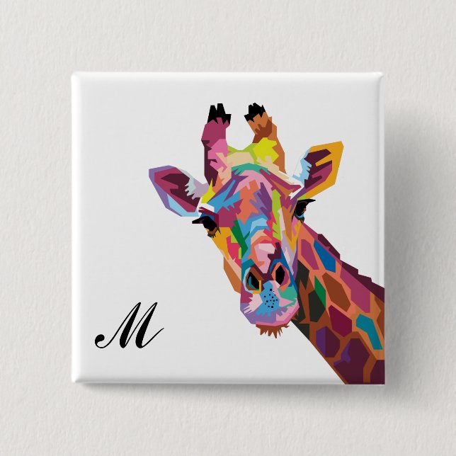 Colourful Pop Art Giraffe Monogrammed 15 Cm Square Badge (Front)
