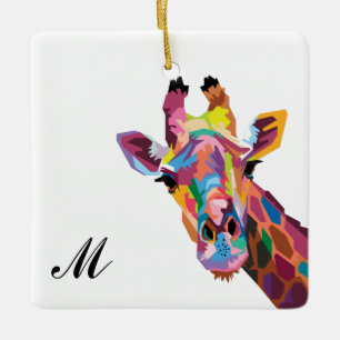 Colourful Pop Art Giraffe Monogrammed Ceramic Ornament