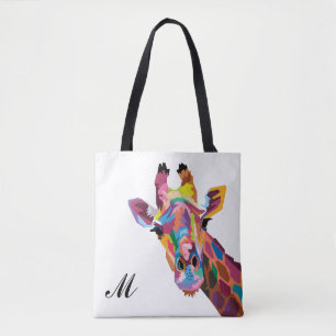 Colourful Pop Art Giraffe Monogrammed Tote Bag