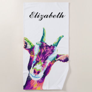 Colourful Pop Art Goat Personalised Beach Towel