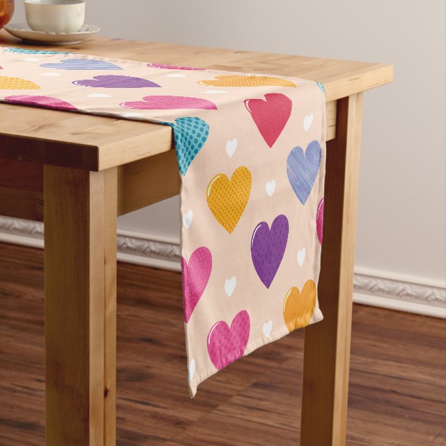 Colourful Pop Art Heart Pattern Short Table Runner (In Situ)