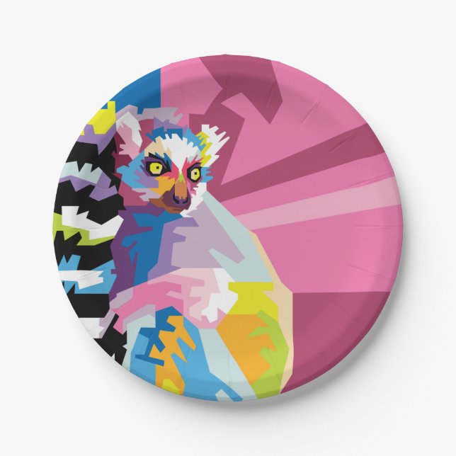 Colourful Pop Art Lemur Portrait Paper Plate (Front)
