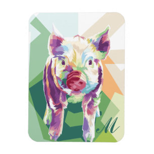 Colourful Pop Art Pig Monogrammed Magnet