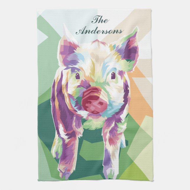 Colourful Pop Art Pig Personalised Kitchen Towel (Vertical)