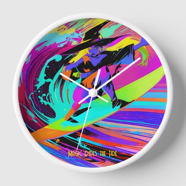 Colourful Pop Art Surfing Witch Clock (Front)