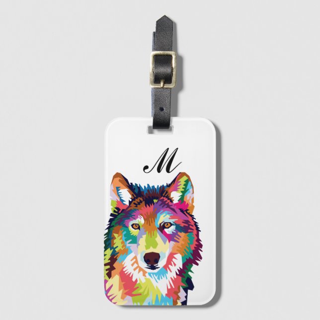 Colourful Pop Art Wolf Monogrammed Luggage Tag (Front Vertical)