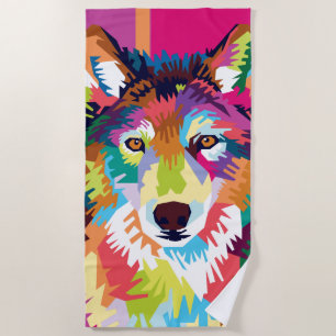 Colourful Pop Art Wolf Portrait Beach Towel