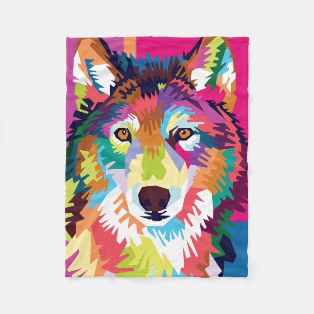 Colourful Pop Art Wolf Portrait Fleece Blanket (Front)