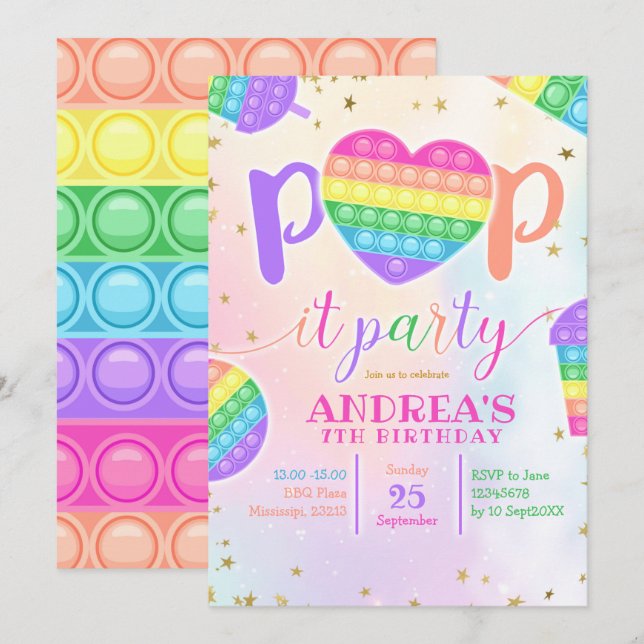 Colourful Pop it Birthday Party Invitation (Front/Back)
