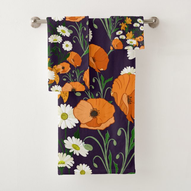 Colourful  poppies and daisies, orange and purple bath towel set (Insitu)