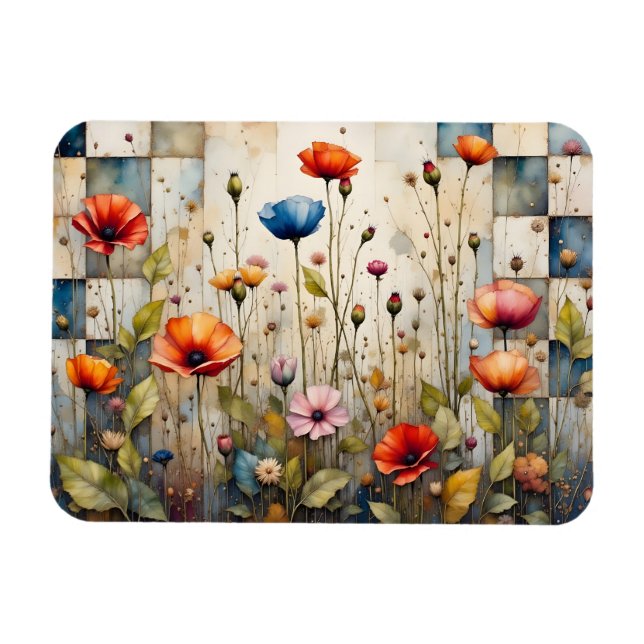 Colourful Poppies and Patchwork Magnet (Horizontal)