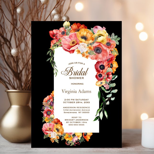 Colourful Poppies Black Bridal Shower Invitation (Creator Uploaded)