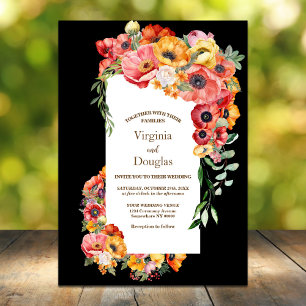 Colourful Poppies Black Wedding Invitation