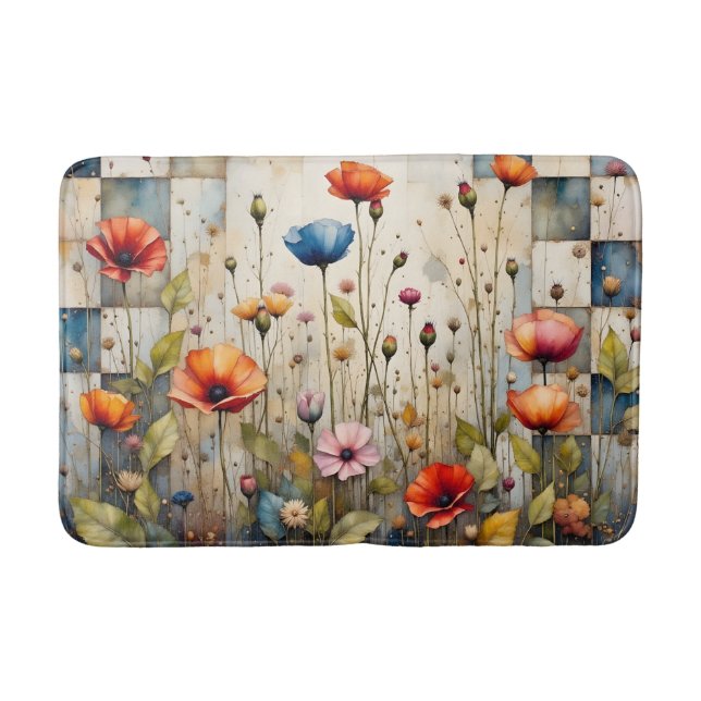 Colourful Poppies Floral Rustic Blue Patchwork Bath Mat (Front)