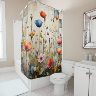 Colourful Poppies Floral Rustic Blue Patchwork Shower Curtain