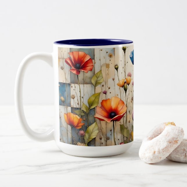 Colourful Poppies Floral Rustic Blue Patchwork Two-Tone Coffee Mug (With Donut)