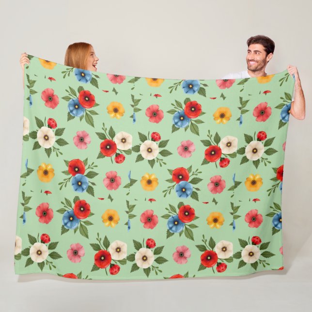 Colourful Poppy Flower Floral Pattern Fleece  Blanket (In Situ)