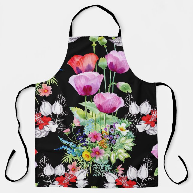 Colourful Poppy Summer Flowers Pattern Apron (Front)
