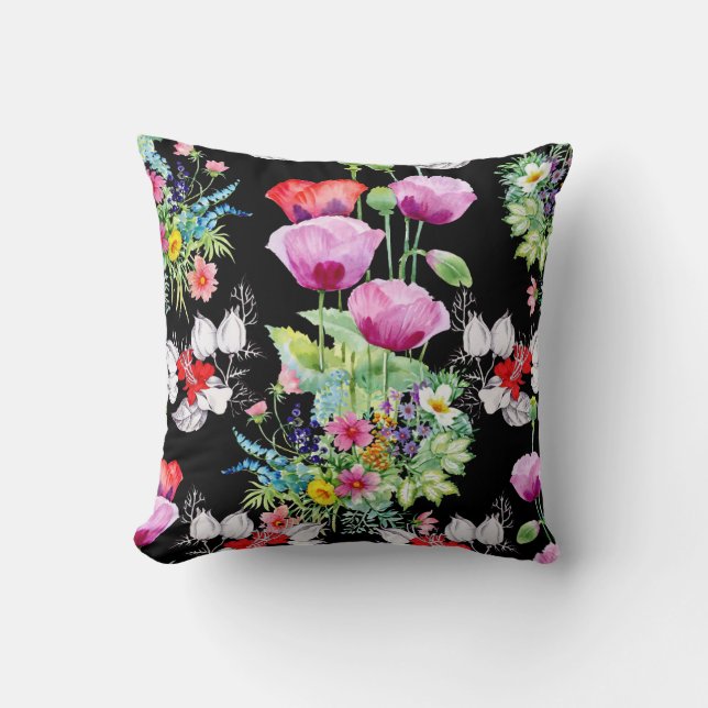 Colourful Poppy Summer Flowers Pattern Cushion (Front)