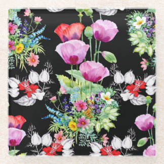 Colourful Poppy Summer Flowers Pattern Glass Coaster