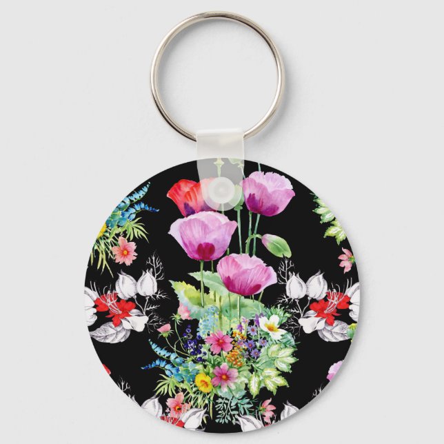 Colourful Poppy Summer Flowers Pattern Key Ring (Front)