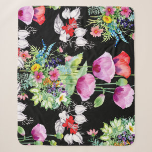 Colourful Poppy Summer Flowers Pattern Sherpa Blanket