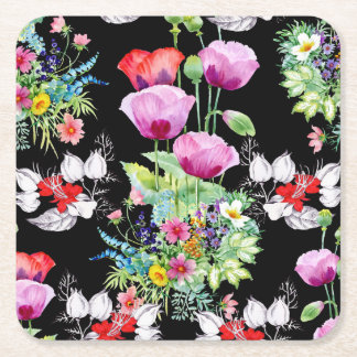 Colourful Poppy Summer Flowers Pattern Square Paper Coaster