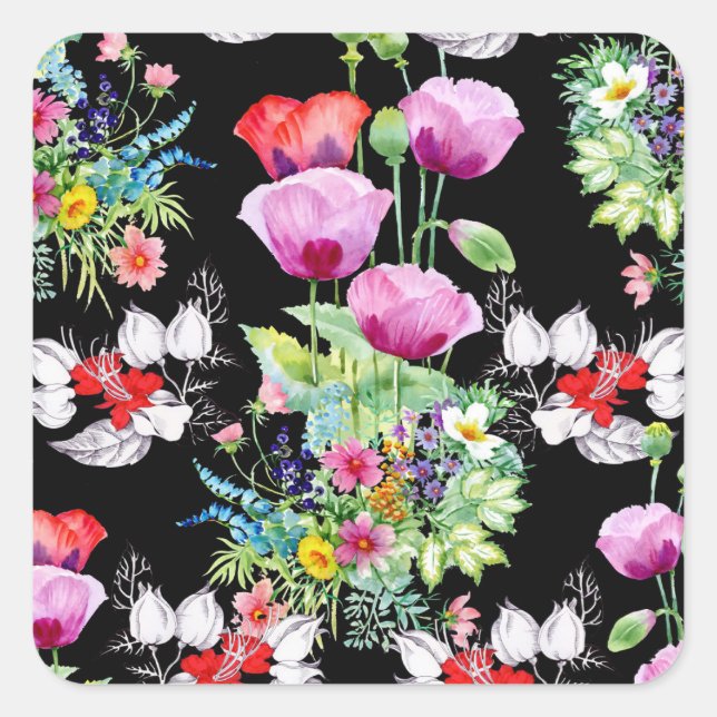 Colourful Poppy Summer Flowers Pattern Square Sticker (Front)