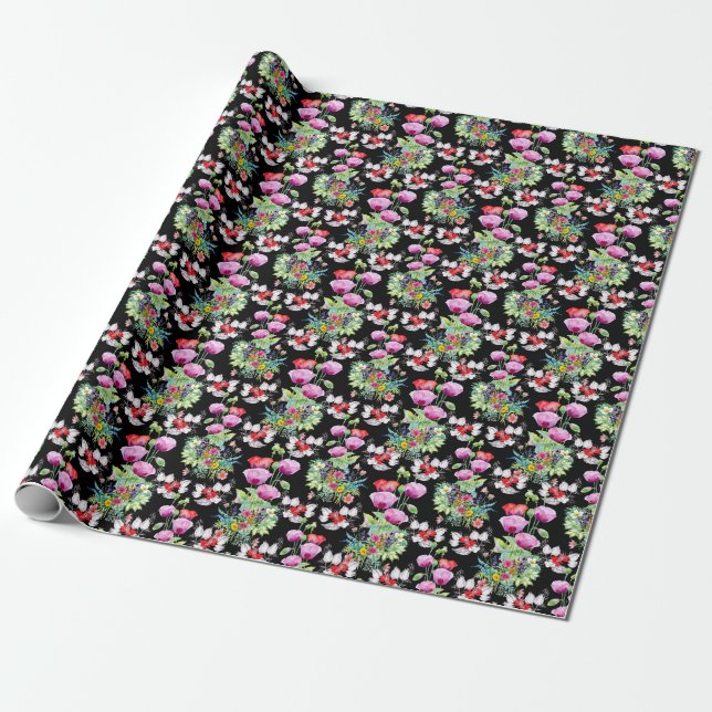 Colourful Poppy Summer Flowers Pattern Wrapping Paper (Unrolled)
