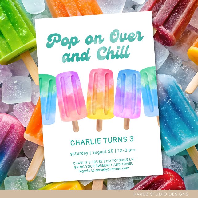 Colourful Popsicle Summer Birthday Any Age Kids Invitation (Invite shown in 5 x 7 inches, choose size, paper and corner style. Buy print or digital invitations.)