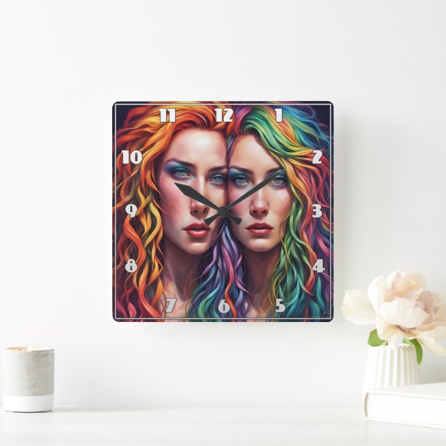 Colourful Portrait of Two Women With Vibrant Hair Square Wall Clock (Home)