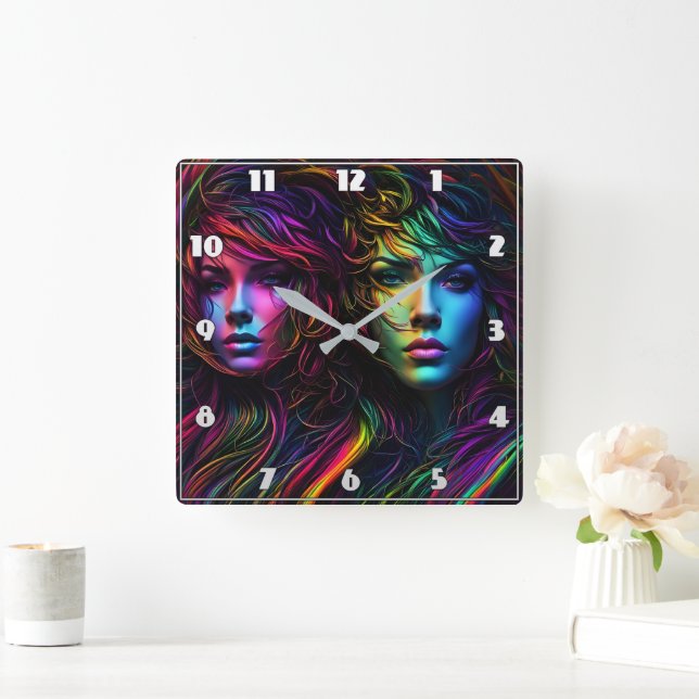 Colourful Portraits of Two Women Square Wall Clock (Home)