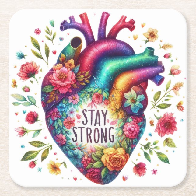 Colourful Positivity with Heart Square Paper Coaster (Front)