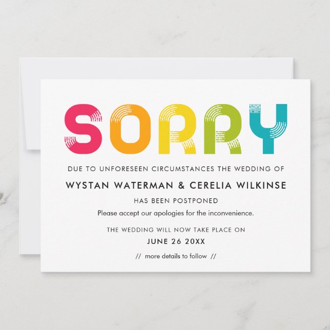 Colourful Postponed wedding announcement card (Front)