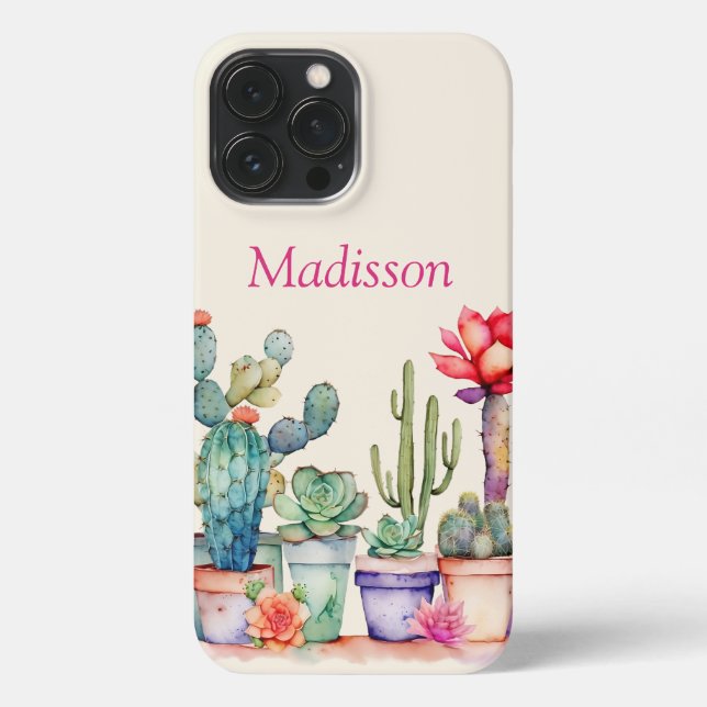 Colourful Potted Cacti And Succulents With Name iPhone Case (Back)