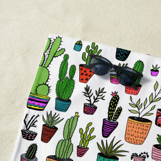 Colourful Potted Plants Pattern Succulents & Cacti Beach Towel (In Situ)