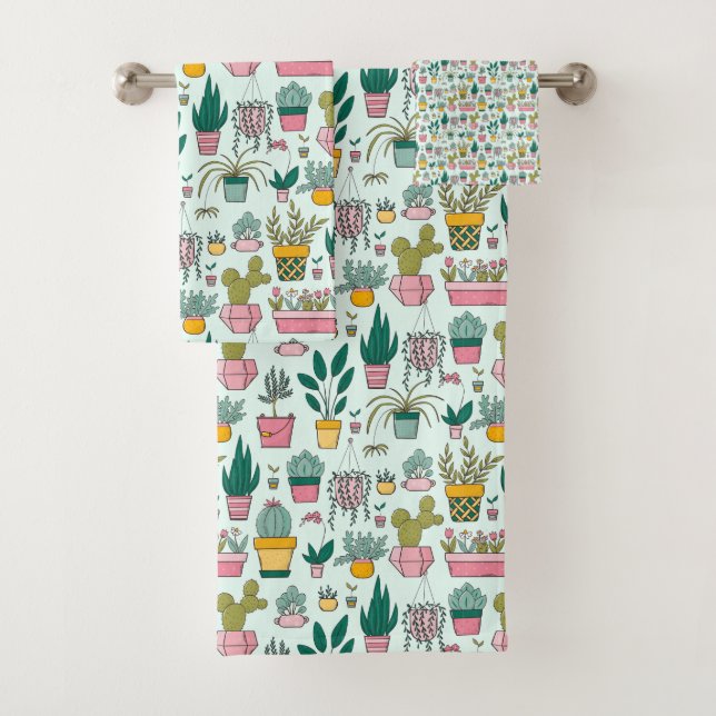 Colourful Potted Plants Succulent & Cactus Pattern Bath Towel Set (Insitu)