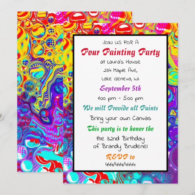 Colourful   Pour Painting Party Birthday Invitatio Invitation (Front/Back)