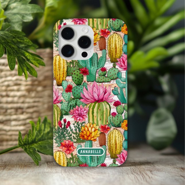 Colourful Preppy Cactus Floral Personalised Name Case-Mate iPhone Case (Creator Uploaded)