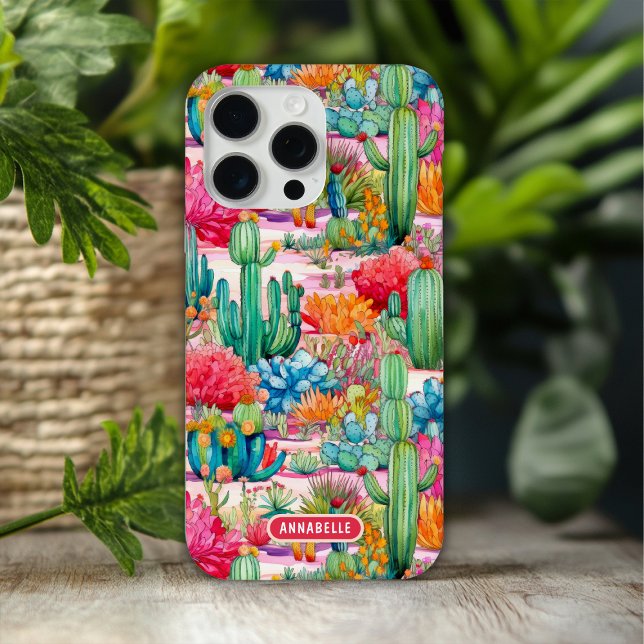 Colourful Preppy Cactus Floral Personalised Name Case-Mate iPhone Case (Creator Uploaded)