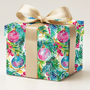 Colourful Preppy Christmas Ornaments and Pine Wrapping Paper