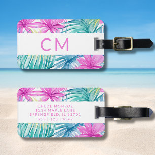 Colourful Preppy Monogrammed Tropical Pattern Pink Luggage Tag