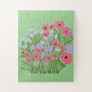 Colourful Pretty Floral Charm + Custom Name Jigsaw Puzzle