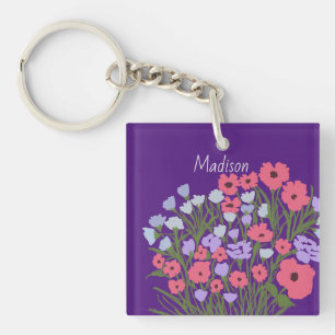 Colourful Pretty Floral Charm + Custom Name Key Ring