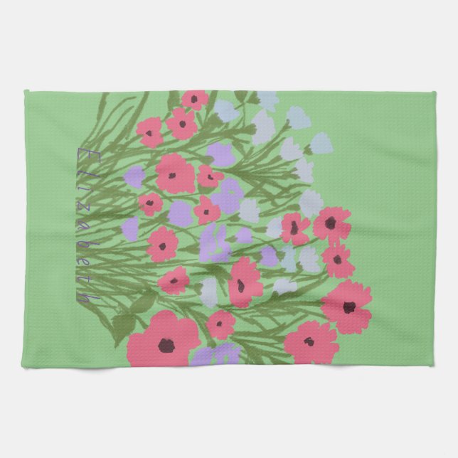 Colourful Pretty Floral Charm + Custom Name Tea Towel (Horizontal)