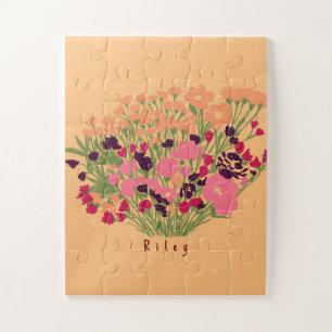Colourful Pretty Floral Let’s Bloom + Custom Name Jigsaw Puzzle