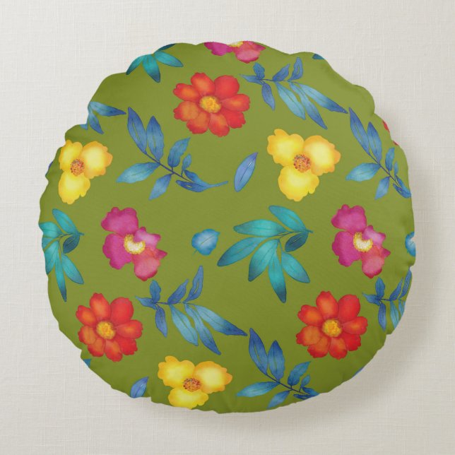 Colourful Pretty Floral Round Pillow (Front)